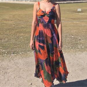 Anthropologie Multicolor Leaf-Print Midi Dress — Orange, Green, Purple, Navy